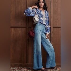 LOFT Light Blue Patchwork Wide-Leg Jeans